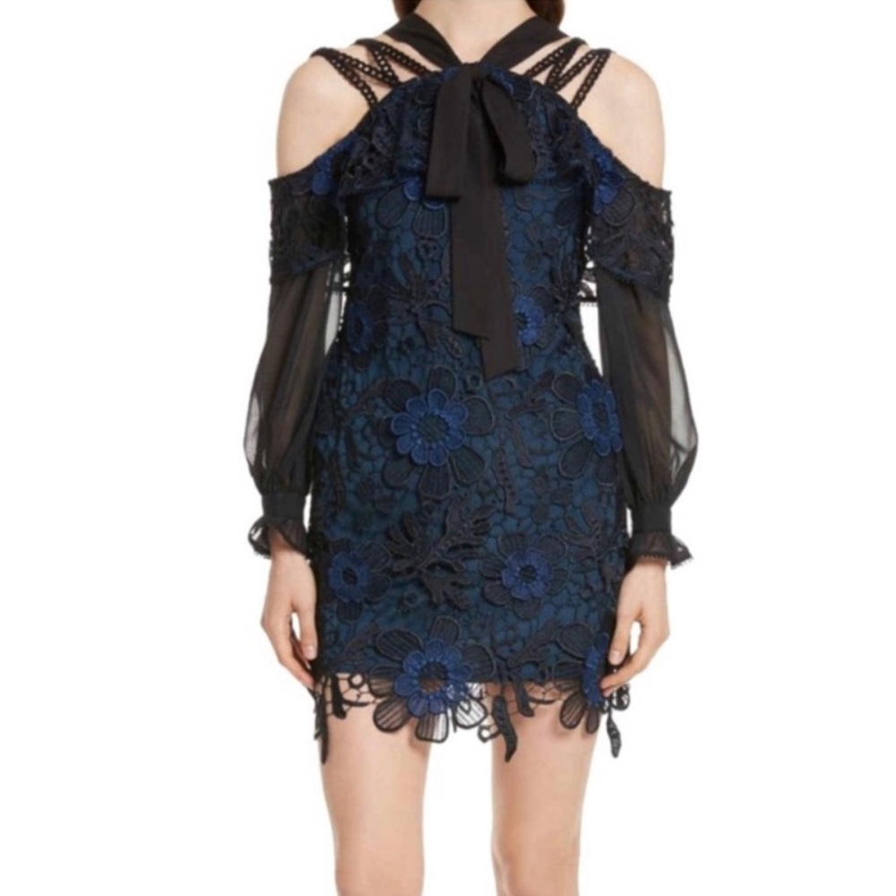 3D Floral Print Lace Blue & Black Dress